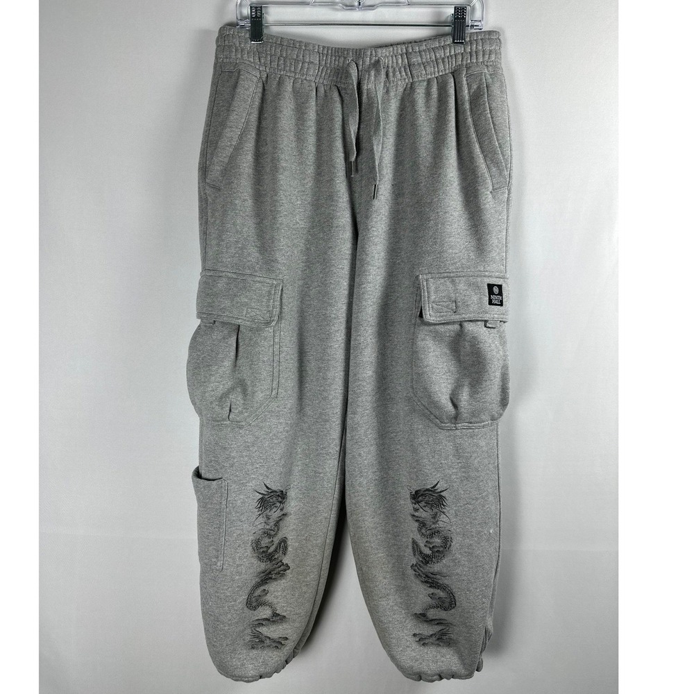 Ninth Hall Airbrushed Dragon Grey Baggy Cargo Sweatpants S Y2K Streetwear Grunge